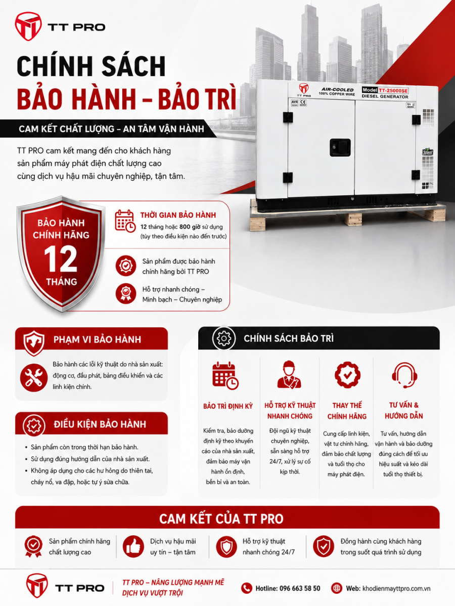 Chính sách bảo hành bảo trì cho máy phát điện TTPRO